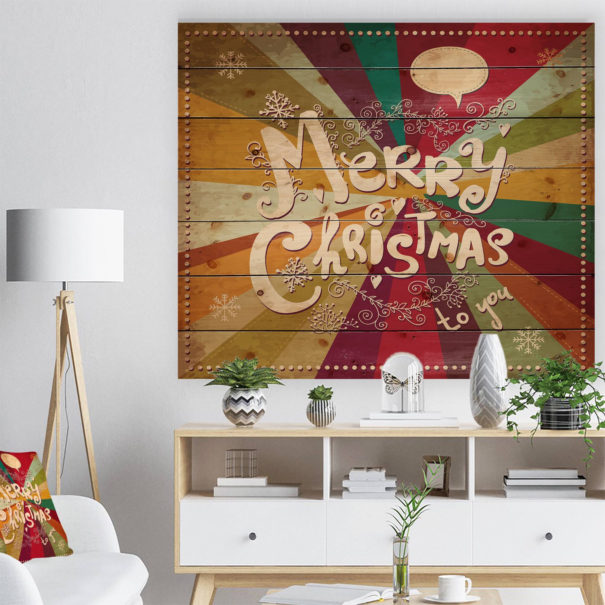 Designart Merry Christmas on Vintage Rainbow Colors Print on Natural Pine Wood